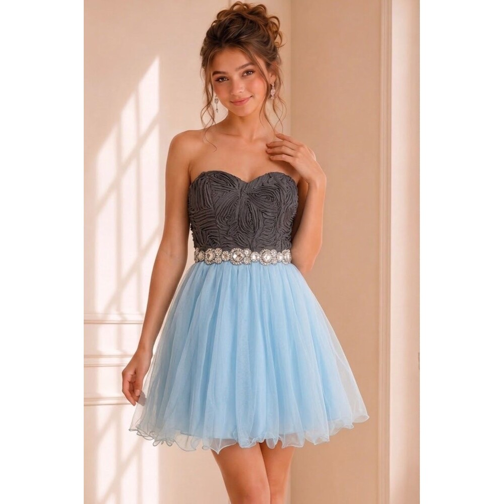 DEB Prom Party Dress blue gray Tulle Strapless Rhinestones Bedazzled Size 3